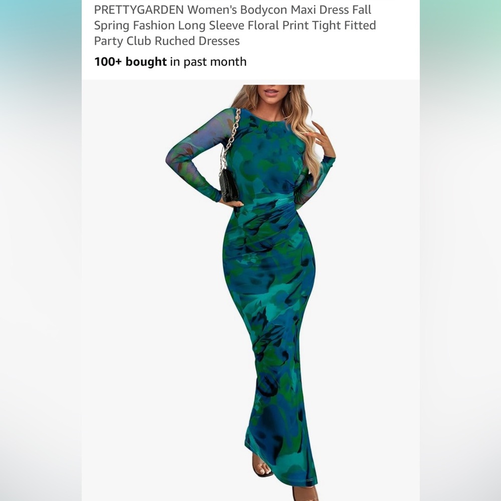 PRETTYGARDEN Women's Bodycon Maxi Dress Long Sleeve Floral Fitted Ruched Dresses